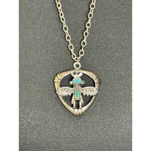Thunderbird Faux Turquoise Southwestern Silver Tone Necklace